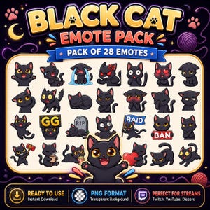 Può includere: Una collezione digitale di 28 emote di gatti neri con varie espressioni e azioni. Il set include gatti che piangono, dormono, tengono cartelli con testo come GG, RAID e BAN, e interagiscono con oggetti come un cuore, caffè e popcorn.