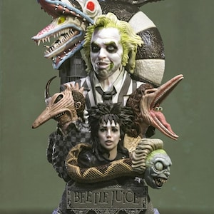 May include: A detailed resin sculpture featuring a central figure with pale skin and green hair, surrounded by various creature heads, a snake, and a black and white striped pattern. A rectangular base displays the text BEETLE JUICE in raised lettering.