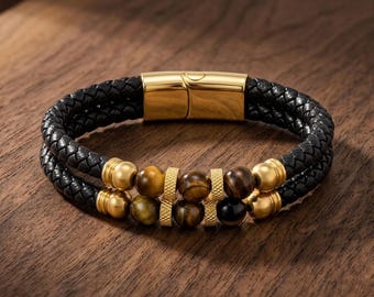 Herenarmband van gevlochten leer met tijgeroogsteen en sluiting van titaniumstaal.