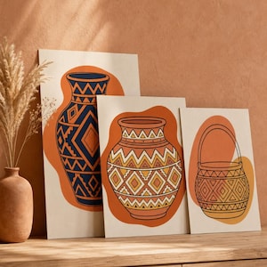 Afrobohemian Line Art Set of 3, Boho Tribal Vase Basket Pot Wall Art, Printable Geometric Pattern Digital Download, Terracotta Home Decor