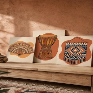 Afrobohemian Line Art Set of 3, Boho Tribal Drum Fan Wall Hanging Art, Printable Geometric Pattern Digital Download, Terracotta Home Decor