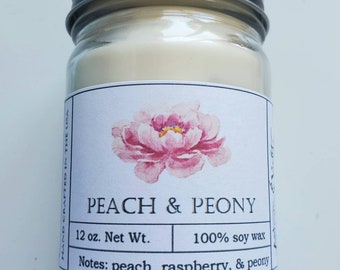 Peach & Peony Candle, Peach Candle, Peony Candle, 12 oz.