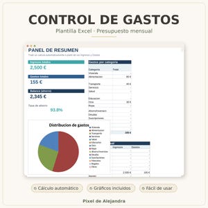 May include: A digital expense tracking spreadsheet titled CONTROL DE GASTOS. It features a summary panel with total income, expenses, and savings, a category breakdown table, and a pie chart labeled Distribucion de gastos.