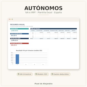 May include: A digital Excel template for self-employed individuals in Spain, featuring an annual summary dashboard with tax calculations, quarterly breakdowns, and a bar chart for VAT results. The interface displays financial data in Euros.