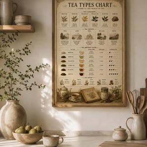 Może przedstawiać: Oprawiony plakat ścienny zatytułowany TEA TYPES CHART A GUIDE TO THE WORLD OF TEA. Wykres zawiera sekcje dotyczące kategorii herbaty, pochodzenia, przewodnika parzenia z temperaturami w stopniach Celsjusza oraz notatki, zilustrowane obrazami.