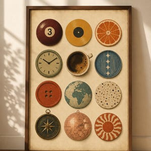 May include: A framed wall art print featuring a grid of twelve circular objects including a billiard ball with the number three, a vinyl record, an orange slice, a clock, a coffee cup, a blue patterned disc, a button, a globe, a speckled disc, a compass, a disco ball, and a sun icon.