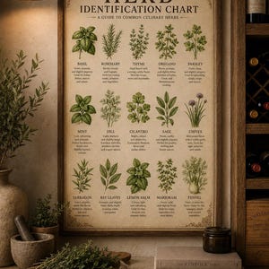 Puede incluir: Un póster de pared enmarcado titulado HERB IDENTIFICATION CHART A GUIDE TO COMMON CULINARY HERBS. El gráfico presenta quince ilustraciones verdes detalladas de hierbas que incluyen albahaca, romero, tomillo, orégano, perejil, menta, eneldo, cilantro, salvia, cebollino, estragón, laurel, toronjil, mejorana e hinojo, cada una con texto descriptivo.