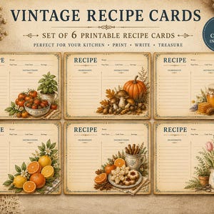 Vintage receptkort | Mall för receptkort | Digital nedladdning | 4x6 receptkort | Familjerecept | Receptorganisatör | Matplanerare