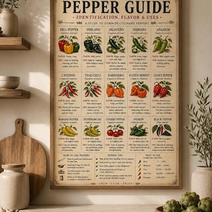 May include: A rectangular wall poster titled Culinary Pepper Guide featuring illustrations of fifteen pepper varieties with flavor and usage descriptions, plus a heat scale, all printed in black text on a light beige background with a wooden frame.