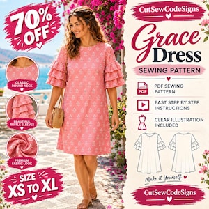 May include: A pink dress with a white floral pattern, featuring a round neckline and three-tiered ruffle sleeves. The image includes text for a PDF sewing pattern titled Grace Dress by CutSewCodeSigns, with size options from XS to XL.
