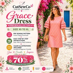 Peut inclure: Un patron de couture numérique pour la robe Grace de CutSewCo, présentant une robe rose à motifs losanges blancs et manches à volants étagés. Le graphique inclut des détails textuels pour un téléchargement PDF, tailles XS à XL et instructions.