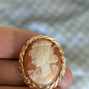 Vintage Carved Shell Cameo Brooch Pair, Single Lady Double Portrait, Gold Tone Frames