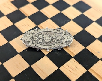 Antique Sterling Silver Brooch, Birmingham Hallmark, Victorian Engraved Rose and Forget Me Not Pin