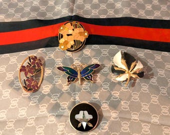 Vintage Enamel Brooches: Fish Enterprises Lily, Daffodil, Butterfly, Leaf, Shell Inlay