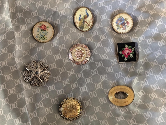 Vintage Scarf Clip, Petit Point, Peacock, Mother of Pearl, 1950s-1970s