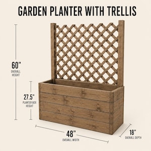 May include: A brown wooden garden planter with a lattice trellis. Text reads GARDEN PLANTER WITH TRELLIS. Dimensions are 60 inches overall height, 27.5 inches planter box height, 48 inches overall width, and 18 inches overall depth.