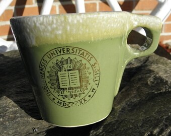 Vintage Hull Pottery Avocado Green Drip Indiana University Seal Mug - circa 1970 - 2 available - from DustyMillerAntiques