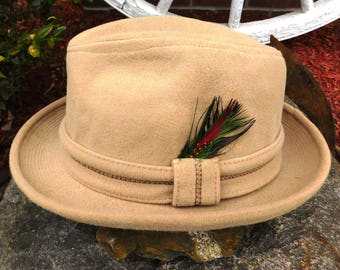 Vintage Stevens Tan Velour Fedora with Feather - circa 1970 - from DustyMillerAntiques