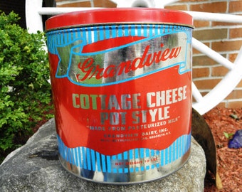 Vintage Cohocton Creameries Grandview Dairy Cottage Cheese Tin Can - 10 lbs - 1950's - from DustyMillerAntiques