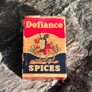 Vintage Associated Food Defiance Spices Whole Nutmeg Cardboard Spice Tin - 1930s - from DustyMillerAntiques