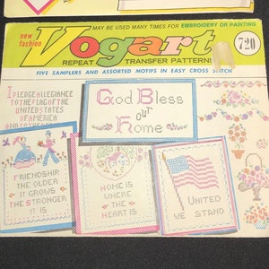 May include: Two vintage Vogart embroidery transfer pattern books. The first book is number 703 and features a repeat design for the bedroom. The second book is number 720 and features five samplers and assorted motifs in easy cross stitch. The second book includes designs such as "God Bless Our Home", "Friendship", "Home is Where the Heart Is", and "United We Stand".