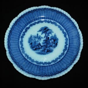 Puede incluir: Un plato de porcelana azul y blanco con un diseño floral azul y blanco. El plato tiene un borde festoneado.