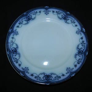 Puede incluir: Un plato de cerámica blanco con un diseño floral azul y blanco alrededor del borde.