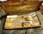 Vintage Whiting Davis Sheffield Sterling Silver and MOP Louis XV Youth 3-Pc Flatware Set in Leather Box - 1891 - from DustyMillerAntiques