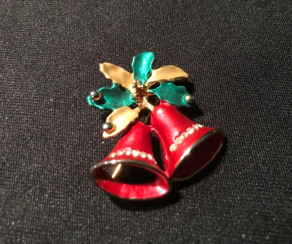 Vintage Red Christmas Bells with Holly Brooch - 1… - image 3