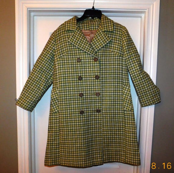 Vintage Lightweight Wool Green & White Plaid Coat… - image 2