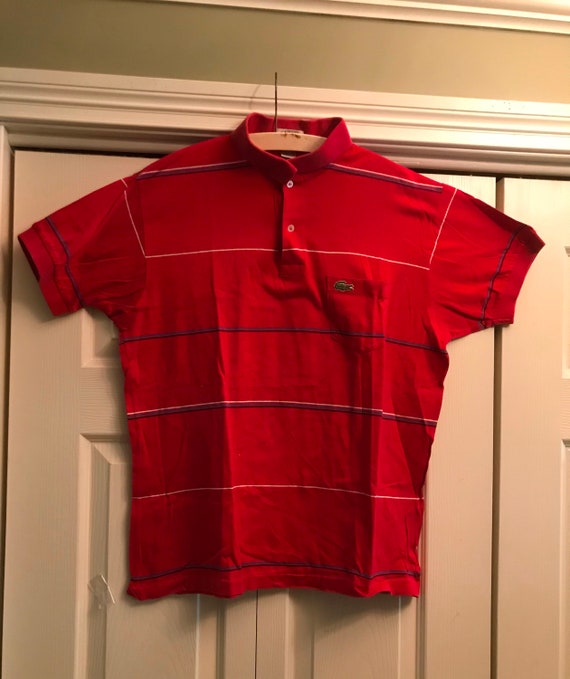 Vintage Izod Lacoste Red Narrow Stripe Polo Shirt 1980s From