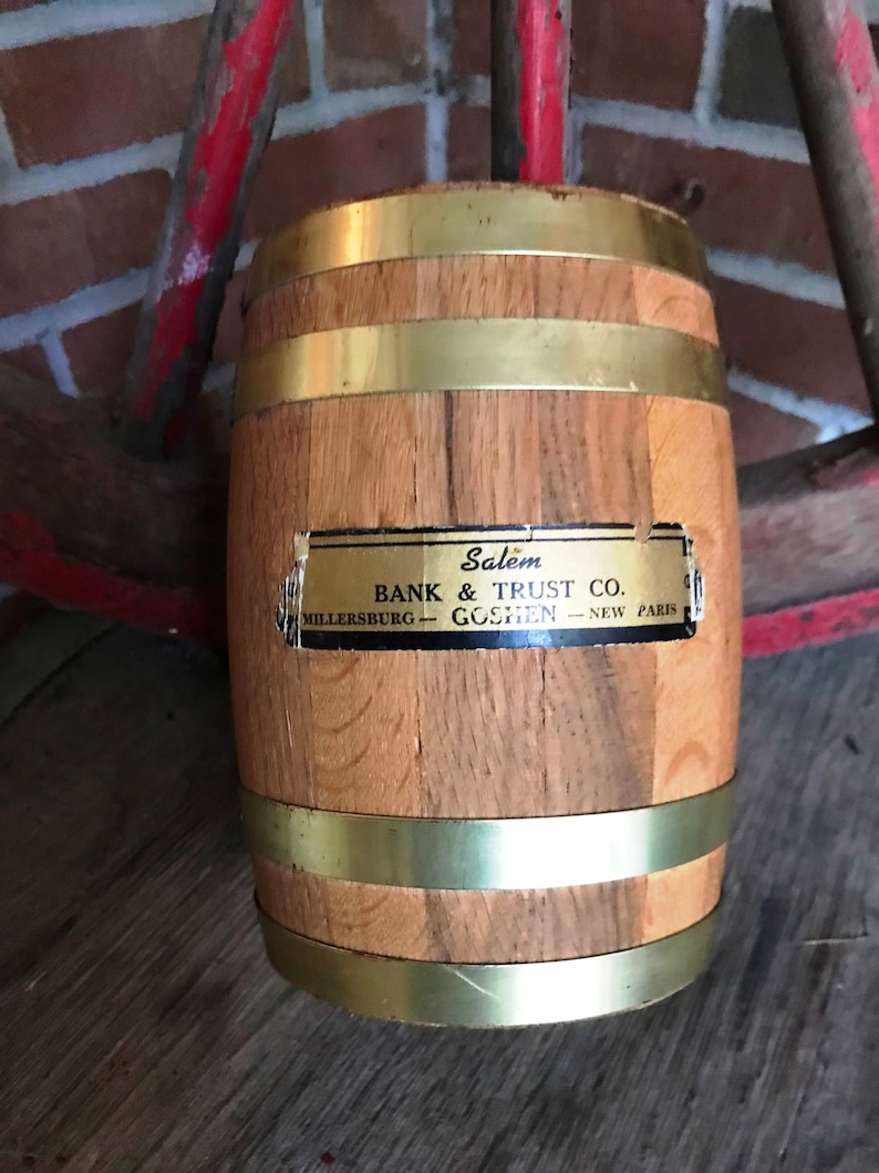 Vintage Salem Bank & Trust Co. Oak Barrel Advertising Bank - circa 1960 - from DustyMillerAntiques image 1