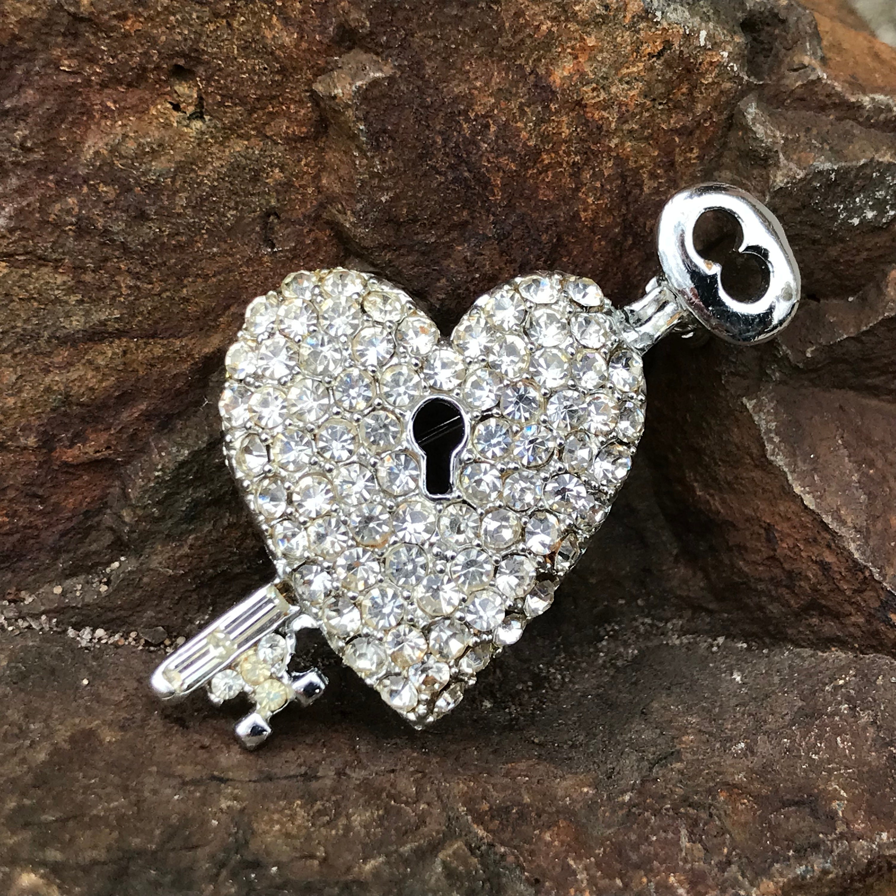 Vintage Rhinestone Heart and Key Brooch - 1960s - From