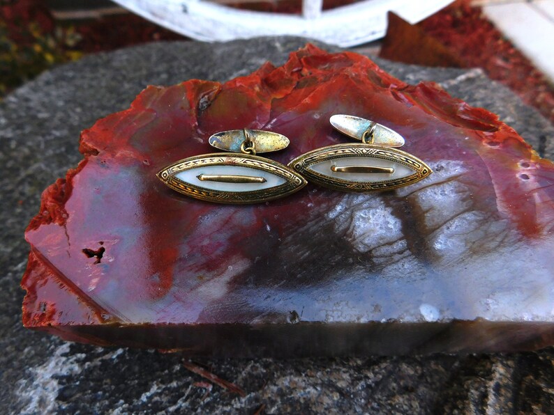Vintage Edwardian Brass /& MOP Cuff Links or Shirtwaist Set circa 1900 from DustyMillerAntiques