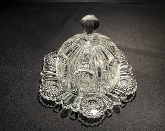 Vintage Heisey Glass Beaded Panel & Sunburst Round Butter Dish with Lid - 1898-1912 - from DustyMillerAntiques