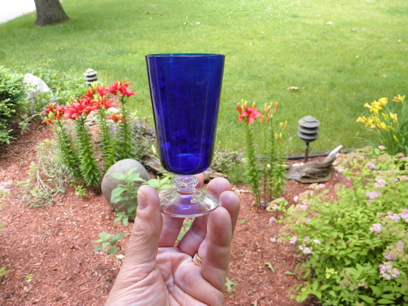from DustyMillerAntiques Vintage Rare Heisey Glass Stiegel Blue Spanish Footed Juice Stem 1933-6 Available