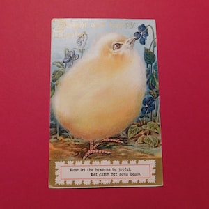 Cartão postal vintage com pintinho e violetas em relevo Feliz Páscoa - 1911 - de DustyMillerAntiques