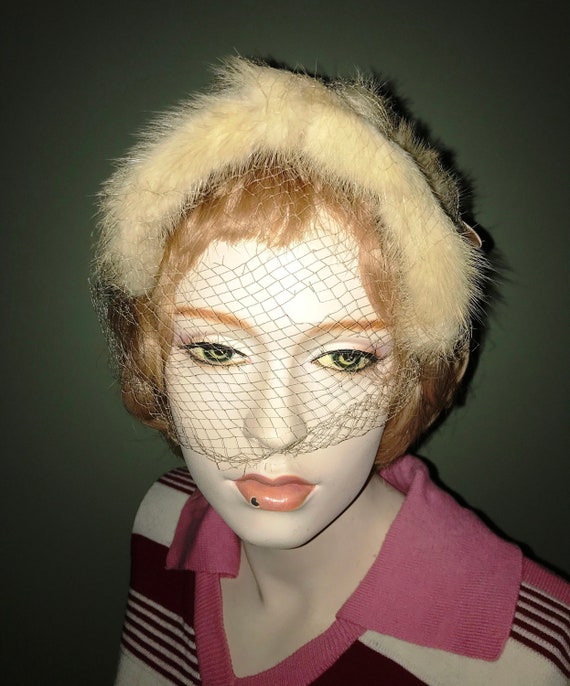 1950\'s Mink Fascinator with Veil Vintage 1950s Mink Fur Headband Fascinator w/Net Veil Brown  main image 2