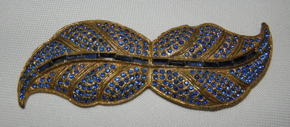 Vintage Very Large Blue Rhinestone Brass Leaf Bro… - image 1