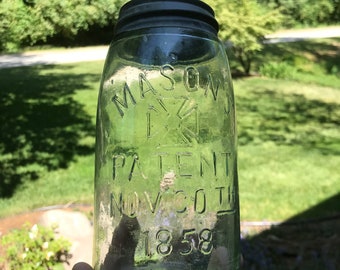 Vintage Hero Glass Works Mason's Patent Nov 30th 1858 Aqua 1-Qt Fruit Jar - 1870s - 1890s - from DustyMillerAntiques