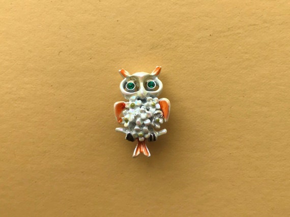 Vintage White & Orange Enamel Owl Brooch - 1960s … - image 1