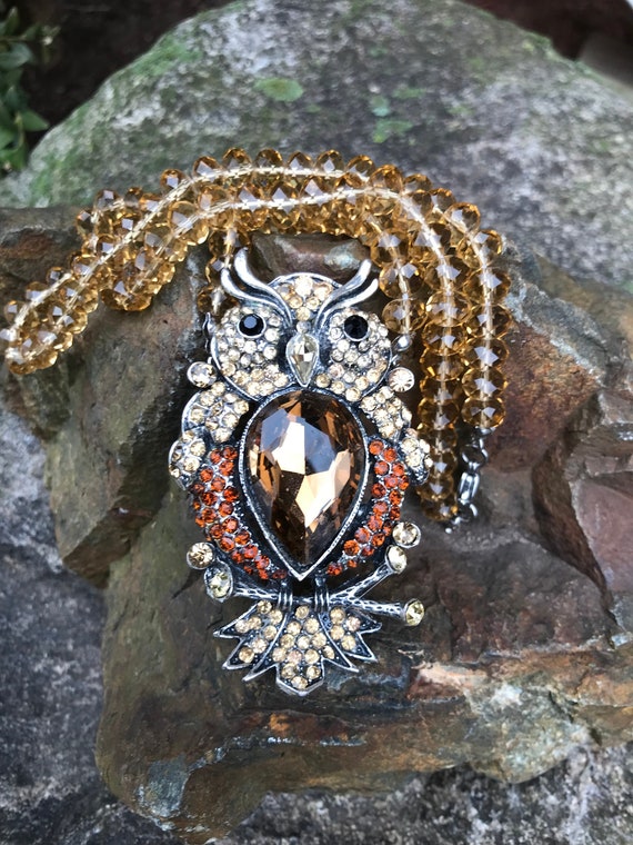 Vintage Large Crystal & Rhinestone Owl Necklace - 
