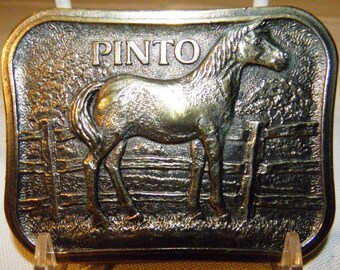 Vintage Brass or Pewter Pinto Horse Belt Buckle - Wyoming Studio Art Works, James Lind - 1975 - from DustyMillerAntiques