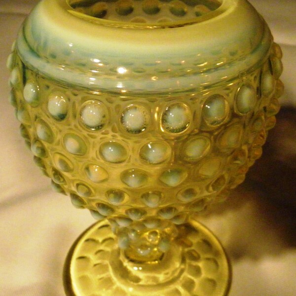 Vintage Imperial Glass Vaseline Opalescent Early American Hobnail Ivy Ball Footed Vase - 1930s - from DustyMillerAntiques