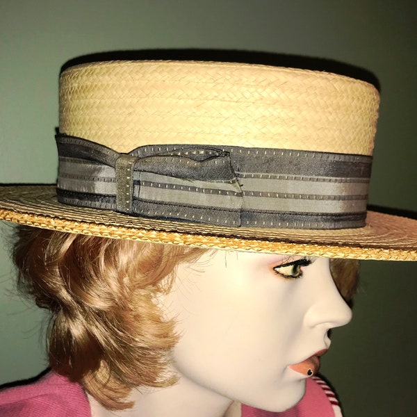 Vintage Columbian Straw Boater with Taupe Grosgrain Band - 1960s - from DustyMillerAntiques