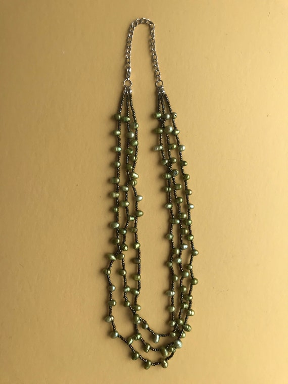 Vintage Green Faux Pearl and Black Beads 3-Strand… - image 4