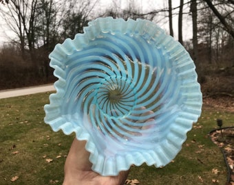 Vintage Fenton Blue Opalescent Spiral Optic Crimped Ruffle Bowl - 1939 - from DustyMillerAntiques