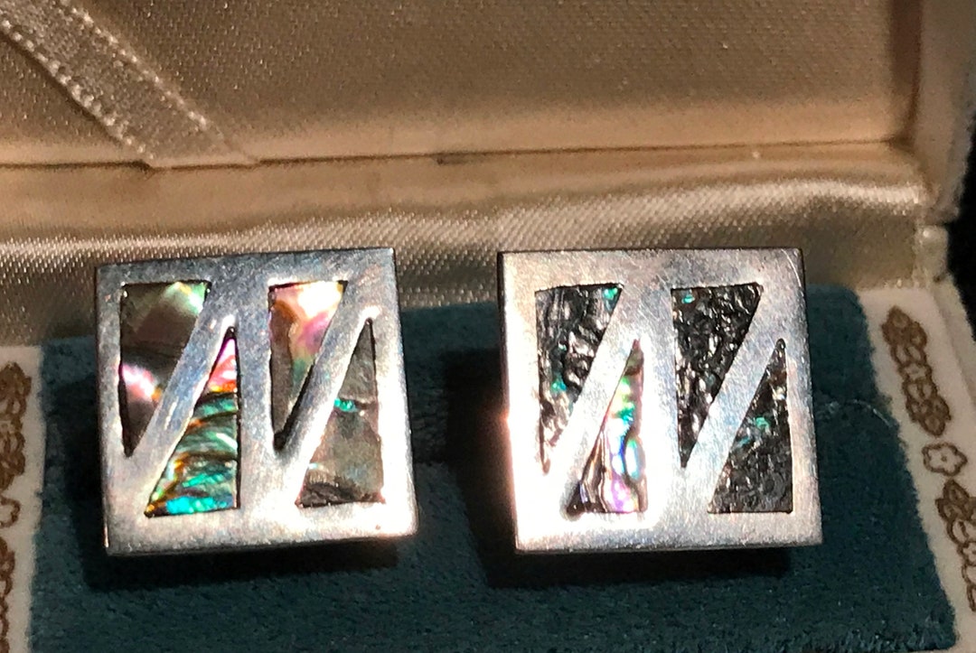 Vintage Sterling Silver Abalone MCM Cufflinks, Taxco Mexico 12 Grams