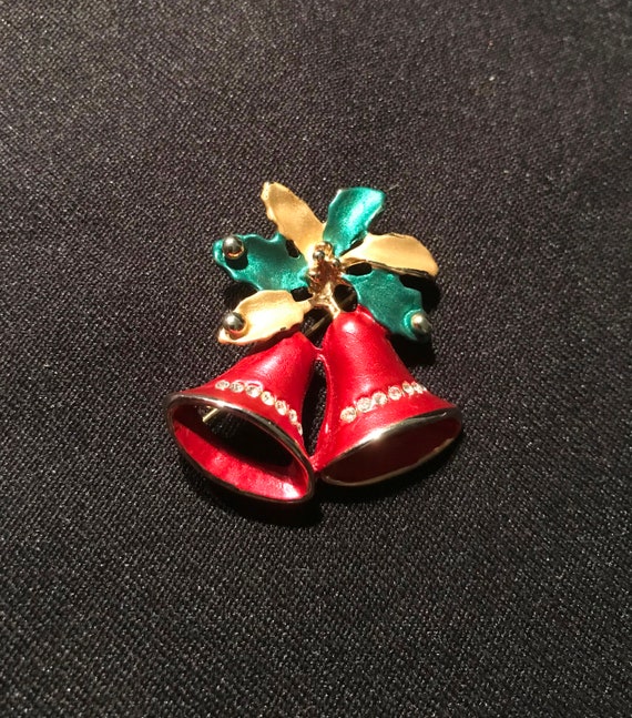 Vintage Red Christmas Bells with Holly Brooch - 1… - image 1