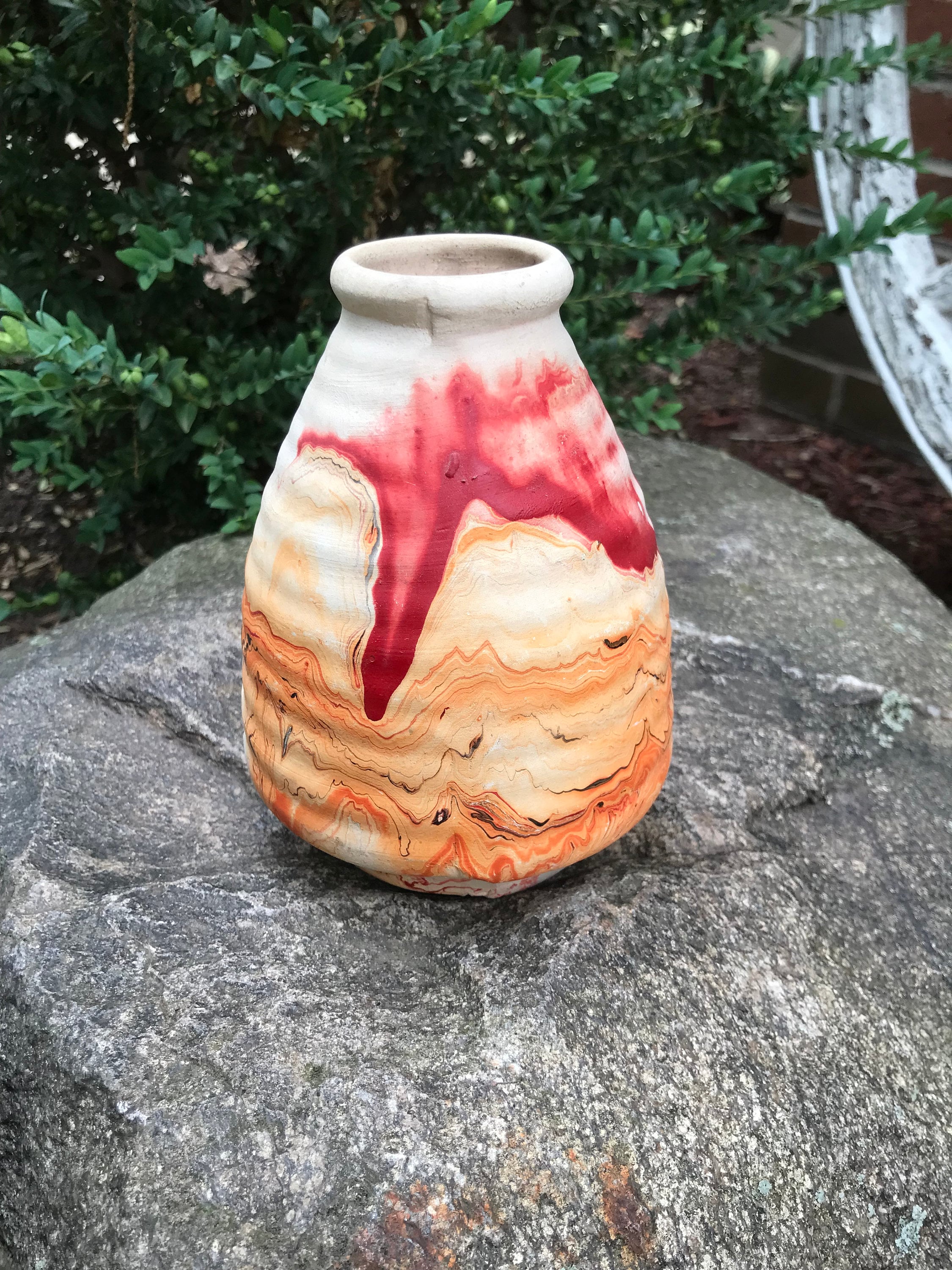 Vintage Nemadji Pottery Red/orange Swirl Ridged Vase - 1970s